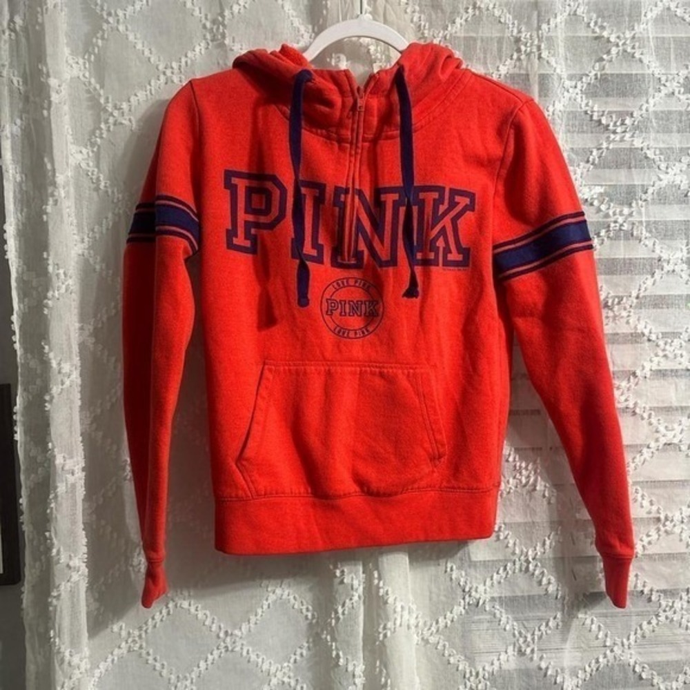 PINK Victoria's Secret Quarter Zip Hoodie Orange Red Navy Blue Logo XSmall